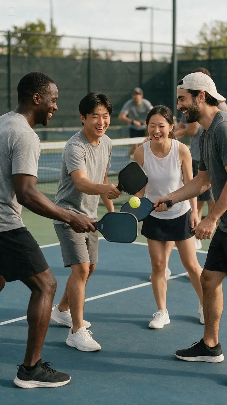A doubles rally on a sunny court